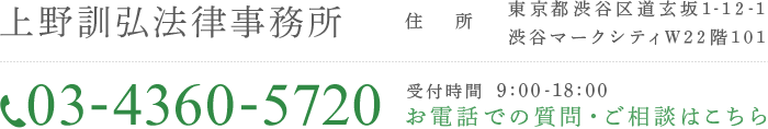 上野訓弘法律事務所　住所：東京都渋谷区道玄坂1-12-1渋谷マークシティW22階101　お電話でのご質問・ご相談はこちら：03-4360-5720　受付時間 9:00～18:00